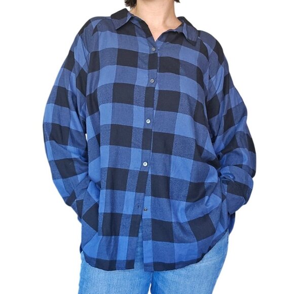 Westbound Blue Black Check Button Down Shirt Women 2X Fall Western Boho Grunge - Picture 1 of 6